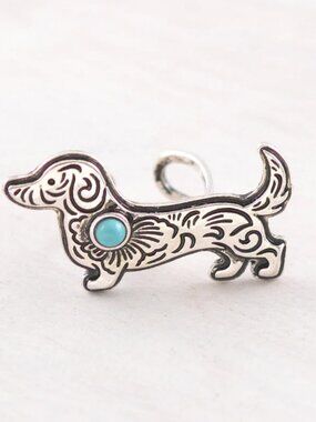 Silver Western Style Love My Doxie Dachshund Turquoise Stone Cuff Back Ring NEW